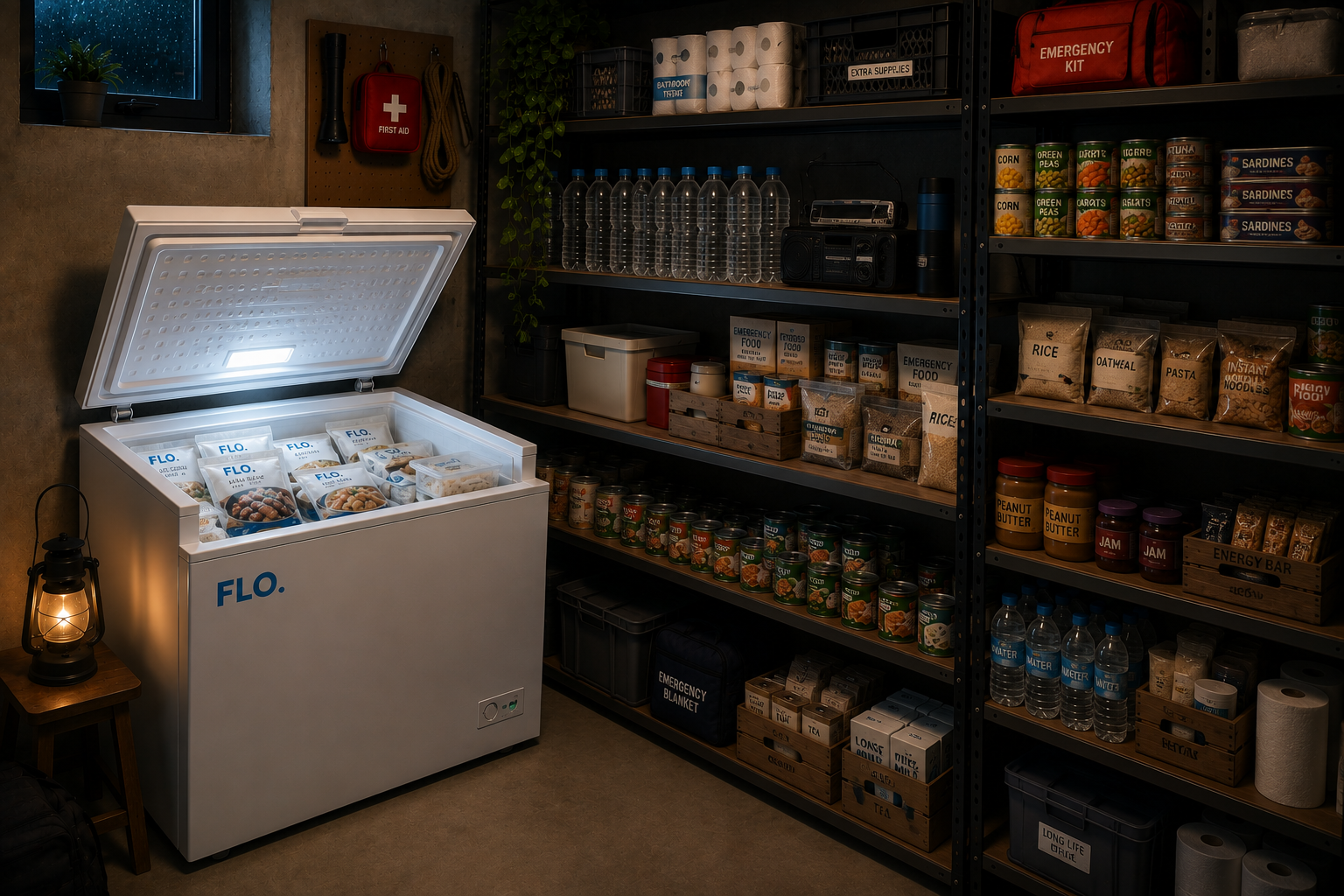 A well-stocked emergency pantry with an open FLO. freezer and practical household supplies