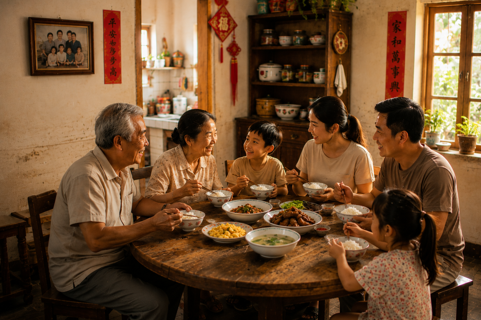 A warm family meal together in a simple traditional home